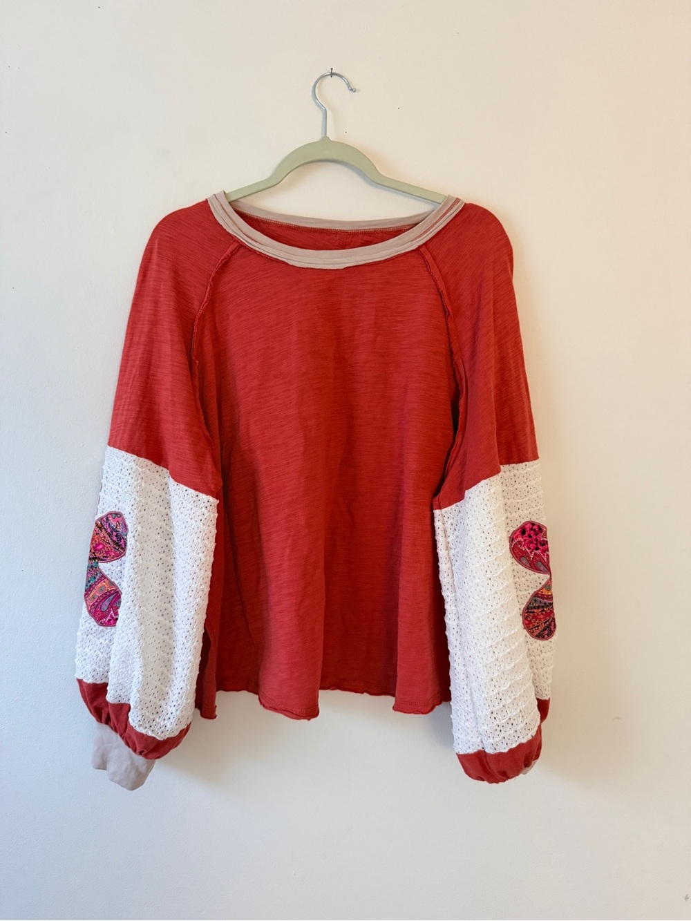 Red Embroidered Sleeve Women's Top - Casual Pullover - Picture 2 of 5